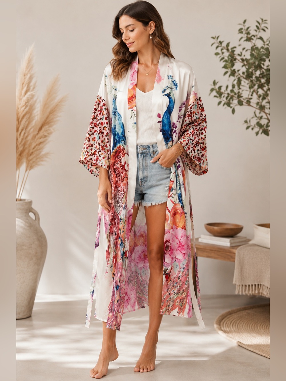 Peacock Floral Kimono Robe in Cream and Blue - Picture 2 of 7